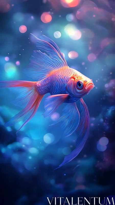 Neon dusk goldfish drifting through cosmic blue tides.