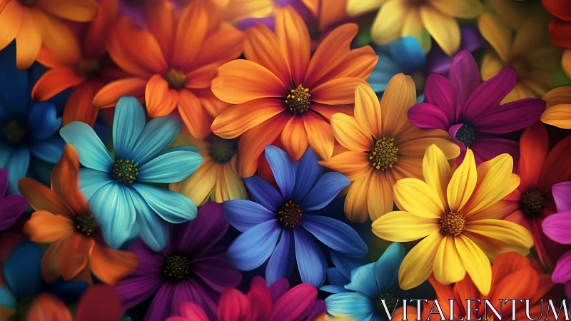 Multiple overlapping multicolored daisy-like flowers are shown