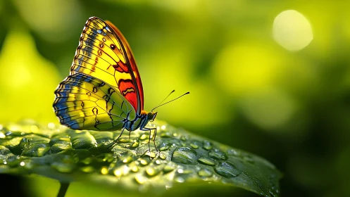 Photorealistic butterfly macro on dew-covered leaf surface.