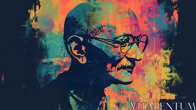 High-contrast multicolor portrait overlayed on textured abstract ground