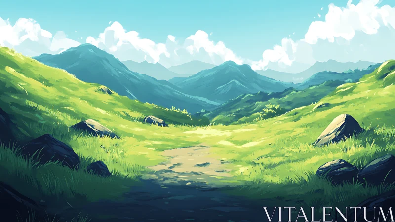 Grassy mountain valley path under clear blue sky at midday