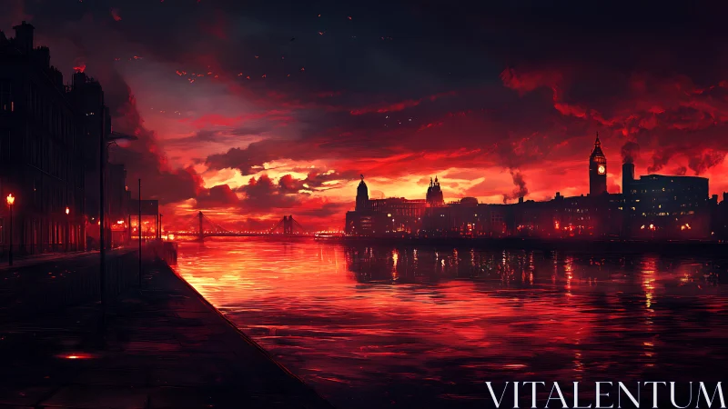 Scarlet industrial riverside skyline rendered in digital dusk