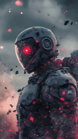 Armored cyber soldier in burning ash storm at dusk.