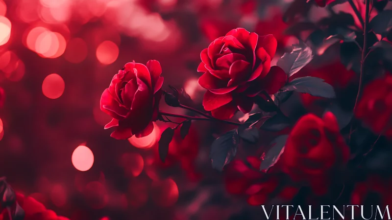 Deep Red Rose Blooms: Luminous Bokeh Depth Field Analysis.