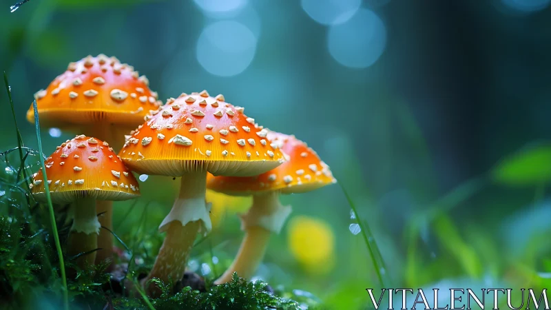 Cluster of orange mushrooms with white spots in damp forest.