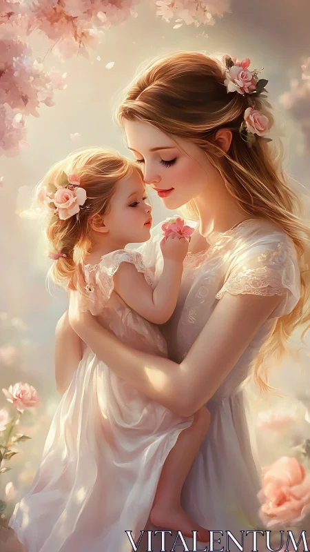 Mother and daughter share an enchanted moment wrapped in rose petals