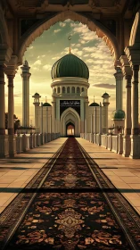 Islamic courtyard corridor leading to domed mosque entrance.