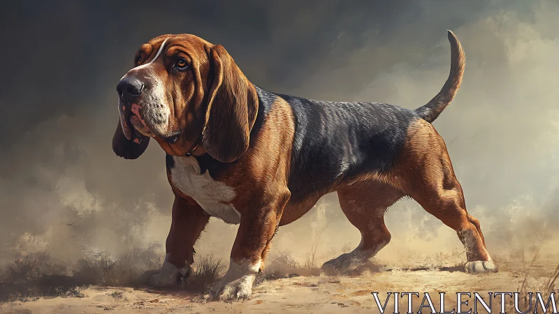Majestic basset hound strides through a windswept sandy haze