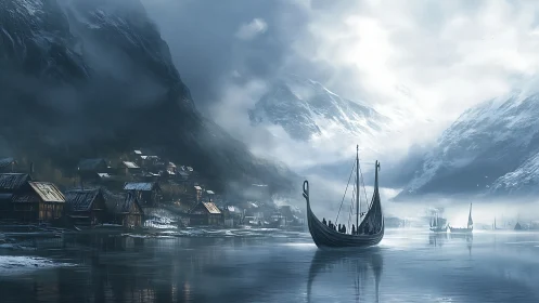 Viking longships crossing misty fjord toward snow village.