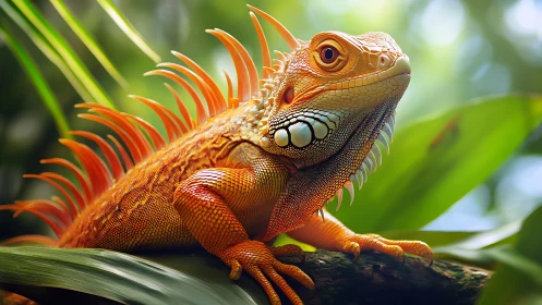 Photorealistic iguana study on tropical foliage with bokeh light.