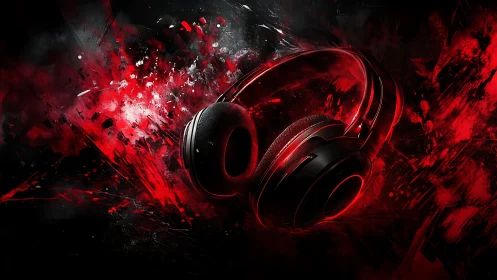 Headphones are rendered against abstract red and black background