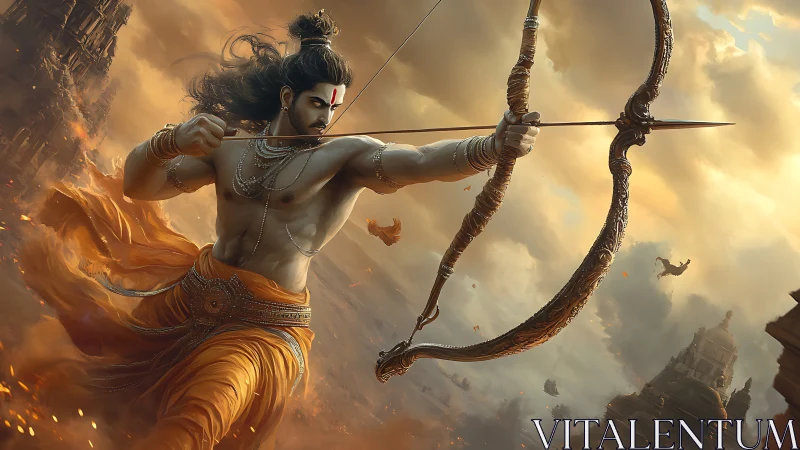 Mythic archer poised in dynamic atmospheric battle tableau.