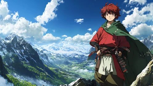 Young anime adventurer gazes over vast alpine valley
