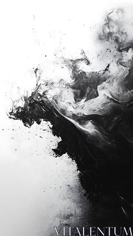 Monochrome ink surge forming abstract black and white vortex.