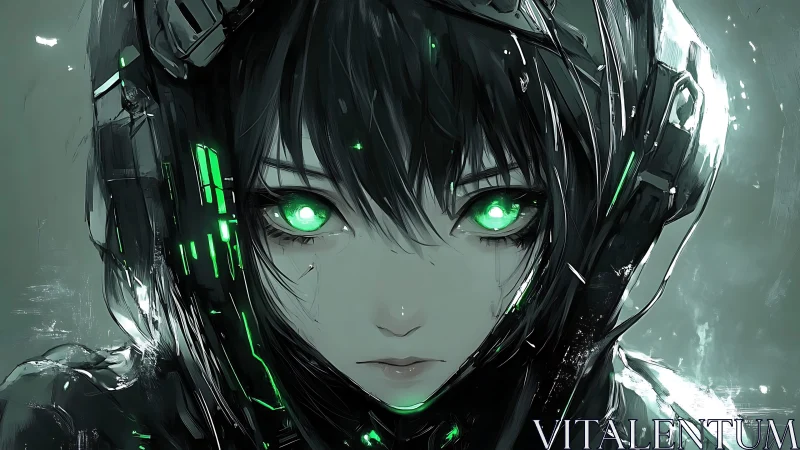 Emerald eyed cyber girl gazes forward with quiet strength