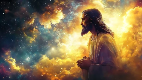 Bearded robed figure in glowing clouds against star field.