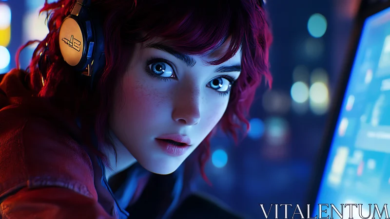 Nighttime gamer girl framed in neon-lit digital glow.