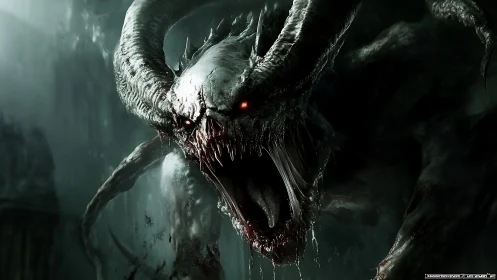 Nightmarish horned creature roars in a misty shadow realm