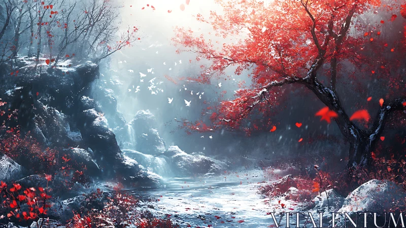 Crimson tree over winter river in luminous fantasy valley.