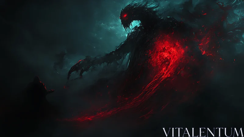 Shadow demon erupts from crimson vortex confronting lone figure