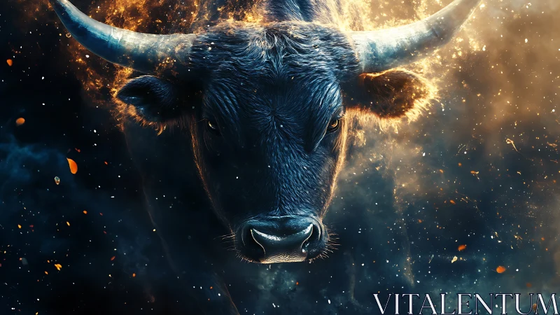 Fiery bull portrait emerges from nebular smoke with dynamic lighting