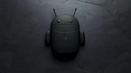 Black android robot figure on textured dark surface background.