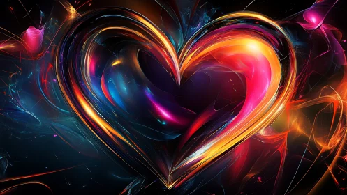 Luminous neon heart shape rendered with flowing energy trails against black background.