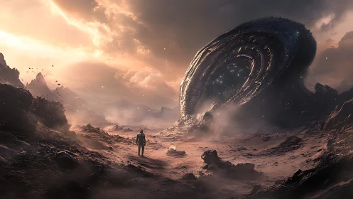 Lost astronaut meets fallen ring-ship under burning dusk sky.