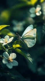 Twilight-winged butterfly resting among luminous jasmine blooms.