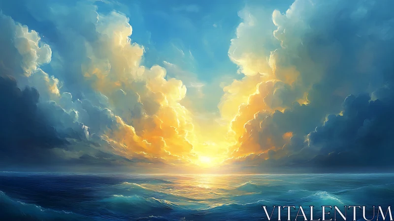 Radiant oceanic horizon under volumetric cumulonimbus sunset.