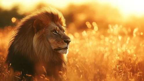 Sun-drenched lion king drifting through molten savanna.