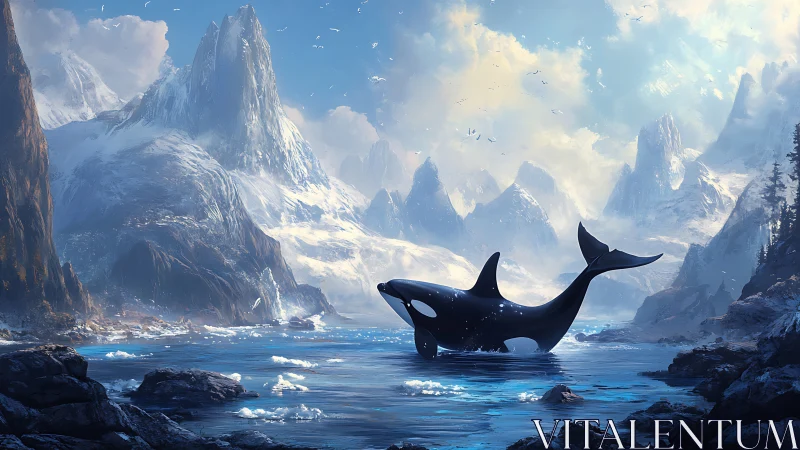 Orca breaches in glacial fjord under high-contrast atmospheric light