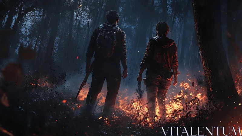 Two survivors stand in burning forest under heavy rain