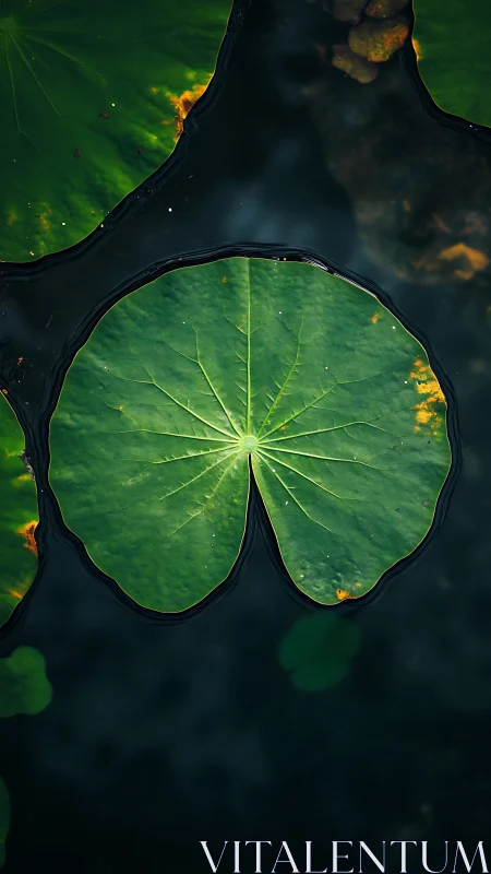 Gentle lily pad glowing softly over dark quiet water.