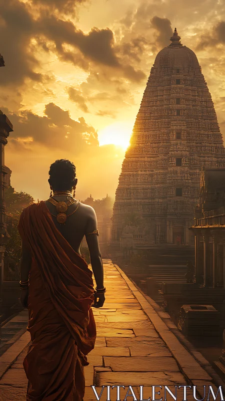 Monk walking toward ornate temple tower at sunset.