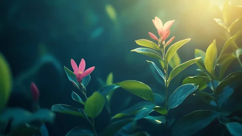Flowering plant stems with pink and pale blossoms in diffuse golden light