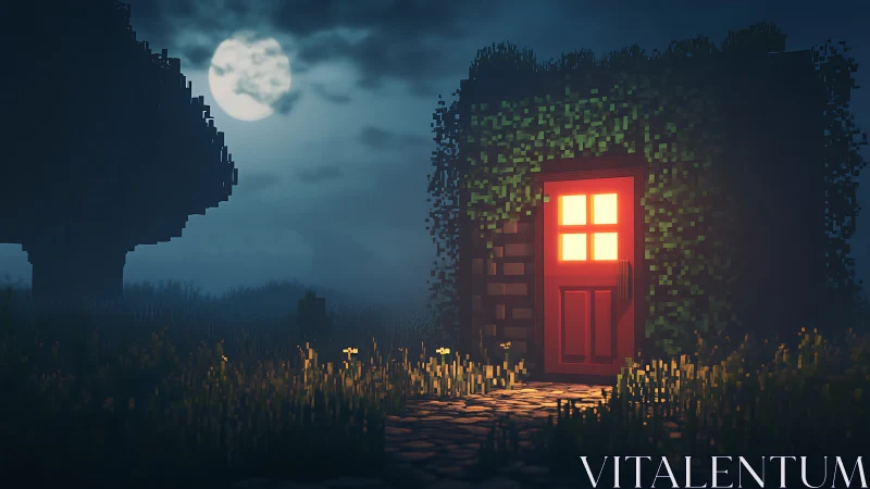 Moonlit cubic structure with illuminated red entry door.