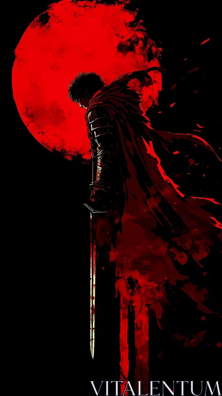 Crimson moon crowns a lone swordsman drowning in shadow