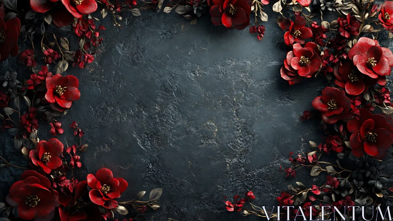 Crimson blooms frame dark textured surface with botanical arrangement.