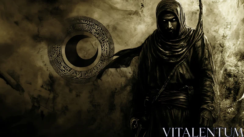 Digital painting of cloaked desert warrior with crescent sigil.