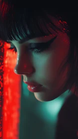 Neon-lit reverie of a quiet cyber dreamer at dusk.