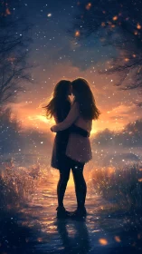 Two figures embracing in luminous fantasy landscape.