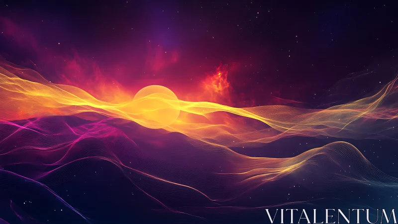 Solar wave symphony over neon cosmic tides at twilight.