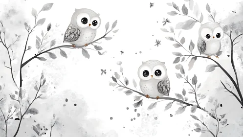 Three Cute Cartoon Owls on Branches in Watercolor Style Illustration.