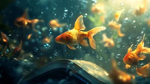 Glowing goldfish drift above an open book in dreamy water