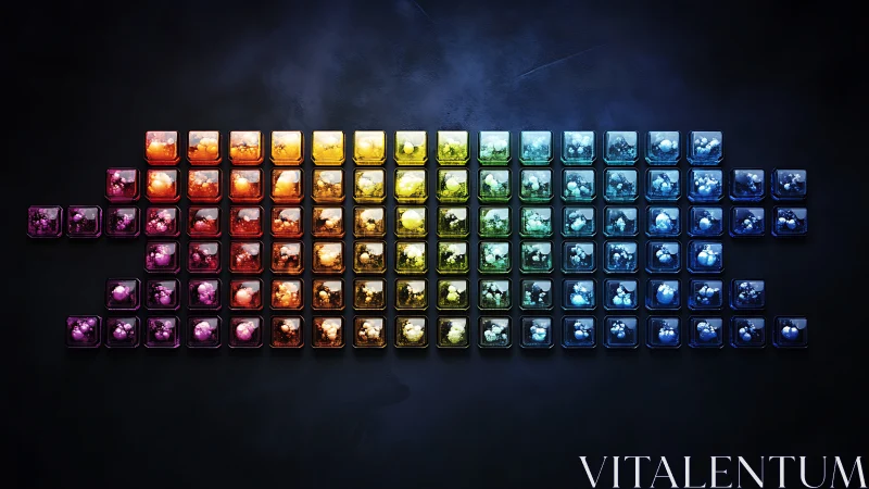 Periodic table layout in colored glass cube gradient.