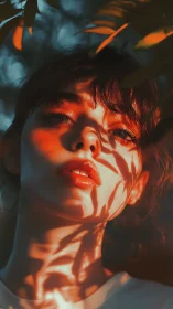 Sunset leaf shadows painting a quiet, luminous face.