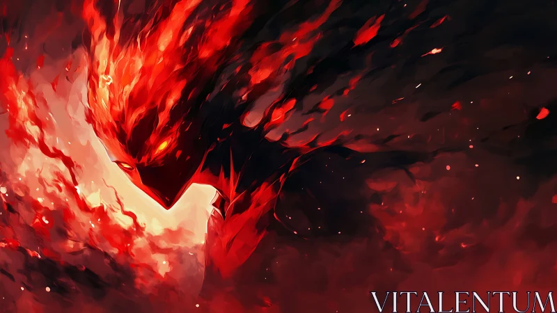 Fireborn silhouette drifting through swirling crimson night.