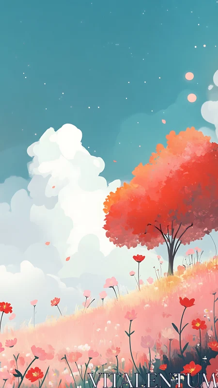 Crimson tree on pastel hillside beneath expansive teal sky.