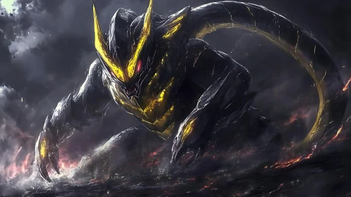 Massive serpentine armored creature emerges in storm landscape